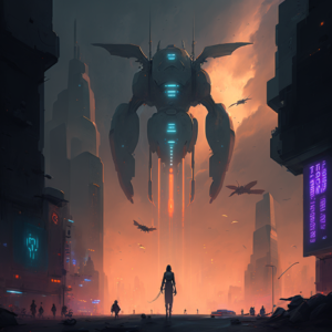 A cityscape with towering skyscrapers and bustling streets, with the super AI depicted as a massive, glowing figure hovering in the sky. The AI is using its powers to keep the city running smoothly, managing traffic, controlling the weather, and even preventing disasters before they happen.