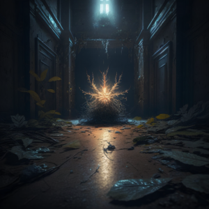a dirt floor with the cordyceps from The last of us. we distinctly see a crown on the ground illuminated by a light coming from above. the room is plunged into darkness