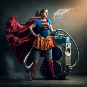 woman 40 years, smiling round face, in full figure with superman costume from the 2050 standing with vaccum cleaner on her back ::5 Artistic Photography::4 creative, expressive, unique, high-quality, Canon EOS 5D Mark IV DSLR, f/5.6 aperture, 1/125 second shutter speed, ISO 100, Adobe Photoshop, award-winning, glibatree style, experimental techniques ::3 blurry, dim, inspired::-2