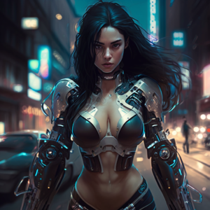 A cyborg punk-style machine girl, with straight black hair, stands amidst the urban cityscape at night, dressed in a futuristic bikini outfit that incorporates her mechanical right arm.-photo