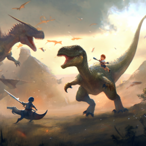 A suitable scene for a children’s picture book, a young boy rides a dinosaur with adventurous style, wielding a sword and shield, fighting against a large army of dinosaurs.