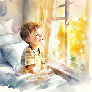 8 years old kid wakes up in a sunny summer morning in his bed happily, watercolor cartoon style