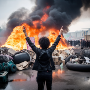 A slightly big caucasian woman with curly black hair raising one fist back to the camera. the scene takes place in a riot against the police in Paris. Trash piles and trash fire in the background. Rat hordes and rioters are boxing the police in the foreground. wide angle, –no portrait, close up, closeup –v 5