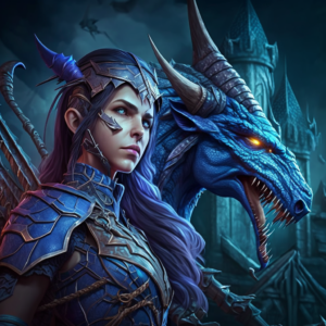 4k big dragon female archer in front of elven tower blue background