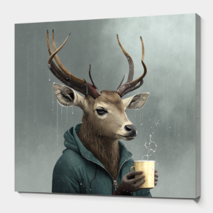 a glamorous deer who is drinking tea and listening to music under the appealing rainy weather