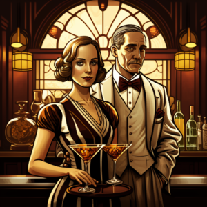 a well dressed man and woman in an upclass bar drinking cocktails, decorated in art deco style, beautiful lighting, bartender polishing glasses