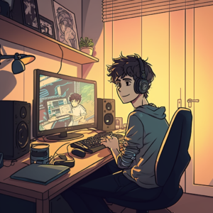 a boy gamer live streaming in his room, manga cartoon style, 4K