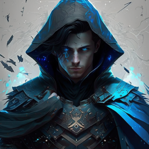 fantasy Charakter, fighter, blue cape, black clothes, half blue half black hair, blue eyes,male, cyberpunk –