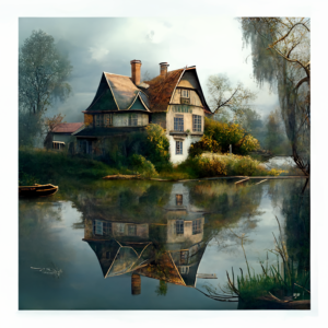 Vintage house with chimeny near river with reflections and realistic backdrop