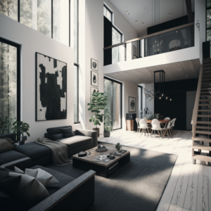 Modern Interior Designed living area, home, monochromatic color palette, clean lines, minimalism, natural materials, and natural light. unreal engine, hyper-realistic