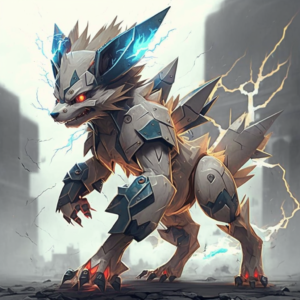 in pokemon style,manga, robot wolf, lightning