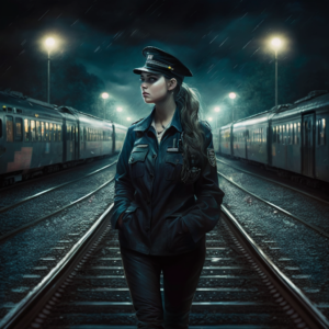 police woman walking on train tracks at night