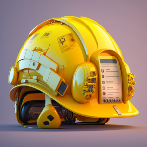 A huge yellow labor safety helmet, with an Apple watch dial under the front brim, with small lights and numbers on the dial, and a small communication module stuck to the back of the helmet, which looks like a small mobile phone battery