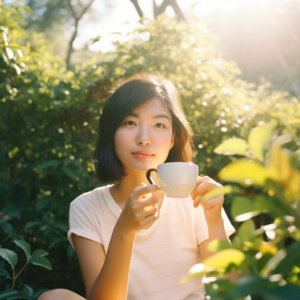 photography, a beautiful young Asian woman in in short-sleeve white T-shirt drinking tea in a garden full of sunshine, lighting, kodak portra 800, 105 mm f1. 8 –upbeta –v 5 –q 2