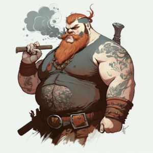 Chubby viking, with black undercut, with black small goatee beard and mustache and smoking an cuban flat cigar, no hand