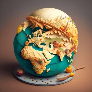 The globe has a map of Russia with food, city, 4k