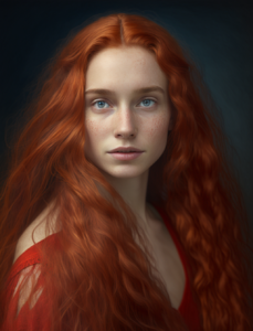 beautiful jewish girl, red long hair, blue eyes, wearing sleeveless red dress, clear facial features, Cinematic, 35mm lens, f/1.8, accent lighting, global illumination –uplight –ar 3:4