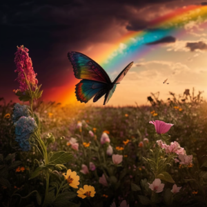 A rainbow-coloured butterfly flying across a field of flowers during a sunset