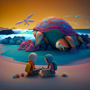 colourful landscape scene. elevated aspect. clay model and 3d rendered. cinematic lighting and hgh resolution. boy and girl chatting with friendy sea turtle and octopus, all sat on a beach in a cove and by the surf ar 5:4