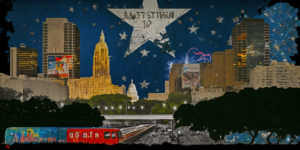 Austin Texas in the night with stars, in the style of Jean – Michel Basquiat, collage –ar 2:1 –seed 856852524774 –v 4