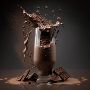 full of glass chocolate mealshake droping pieces of chocolate on surface