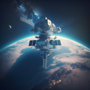 futuristic satellite floating above earth with the milky way in the background, subtle blue colour grading, volumetric lighting, 4k, realistic