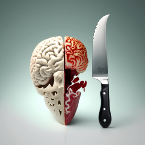 Kitchen knife with real heart and brain reflection