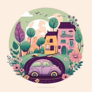 A light pink or yellow circular design with a cartoon car driving down a sea green road, passing cute little houses in shades of purple. Design should be colurful, girly and cute. The car should wrapped with a black floral design