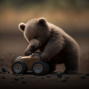 baby grizzly bear playing with toy Grand Prix car