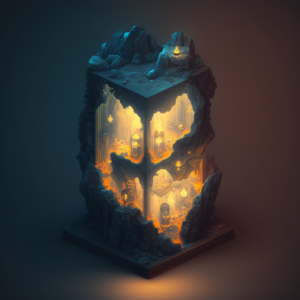 2d isometric vertical Gold cliff with alladins lamp on pedistal, some rooms and ledgers on which 2d ghost enemies stand isometric, videogame, intricate details, 8k, artstation, artgem, 3d render octane::3 nuclear waste glow::1 gray::1 –v 4 –v 4