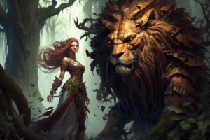 orest, trees and bushes, epic, wood sorceress touching a huge epic lion, 8k, –ar 3:2