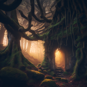 This photo captures a mystical forest at dawn, with the sun’s rays filtering through the trees and casting an ethereal glow over the landscape. The trees are twisted and gnarled, with moss and ivy clinging to their trunks, giving the forest an ancient and mysterious feel. In the distance, a castle can be seen, shrouded in mist and appearing as if it is floating in the air. The overall effect is both enchanting and eerie, making this photo the perfect addition to any fantastic storybook.