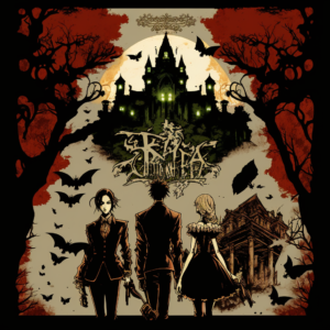 Create a manga-style poster for a young movie about vampires: In the scene, we see a group of bold-looking youths walking along a winding path through a dark and eerie forest. Around them, trees are covered in moss and bats flutter in the night sky. In the center of the image, a magnificent Victorian-style palace stands tall, with towers and windows illuminated by the light of the full moon. In front of the palace, a stone staircase leads to a dark wooden door that appears to be open. In the foreground, we see the youths in detail. There is a boy and a girl who appear to be leading the group, with determined expressions on their faces. Beside them, three other boys and two girls look nervous but excited, ready to face whatever the night may bring. In the bottom left corner, a small vampire with a vest and a red cape hides behind a tree, watching the youths with curiosity. In the bottom right corner, a phrase in cursive reads: “Do you dare to enter the vampire kingdom?” In the center of the poster, the title of the movie is displayed in large and bold letters: “Palace of the Vampires”. Below it, the names of the main actors are in smaller letters, along with the release date and age rating. –v 4