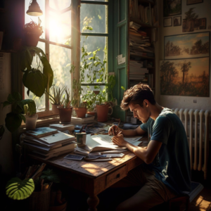 photo nikon phorealisme paris match style of a cute guy writing on a laptop in a design room full of books in the south of france, the sun enters from the window. there are plants in the room, a cup of coffee