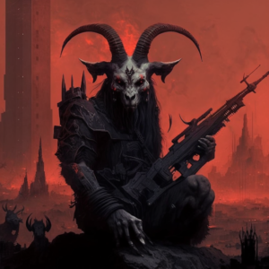 satanic goat humanized destroing a city with firearms, war, monstruocity, monster, evil, red colors, black metal, machine guns