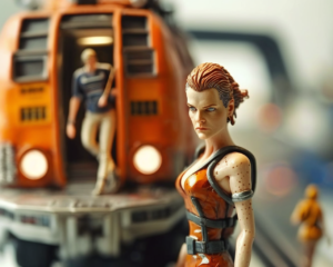 Miniatures, well-known movies, the fifth element, there is a humanoid woman named Leeloo, played by Milla Jovovich, the future world, in the future city, a car that flies in the sky with a fishing line, Cyberpunk, exquisite detail, correct proportions, photorealism, tilt-shift camera –ar 5:4