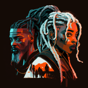minimalistic abstract boho illustration of a black woman tribal warrior with dreadlocks and a ol der black man with dreadlocks and white beard, postapocalyptic, tribal jewelry , scare face , prostetic cyberpunk implant, bloc muted flat colors withe border depicting body and soul