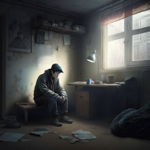 Korean poor man’s room, man sitting in a room alone, he is extremely lonely and poor. Only one side of his face is showing, he looks very sad and the room looks very vacant. Hyperrealistic