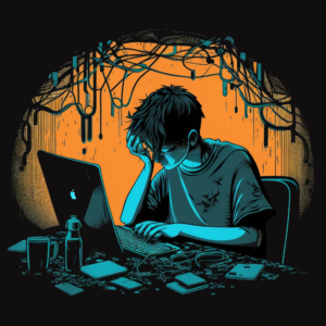 depressed programer on his computer working late vector art