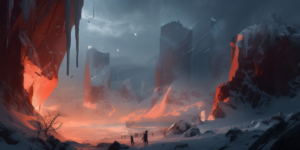a snowy and frozen landscape in a blizzard, red paint and debris covers a small area in the snow, at night in a blizzard, northern lights, snow falling, D& D, fantasy, rpg style, dungeons and dragons art –ar 18:9 –v 5