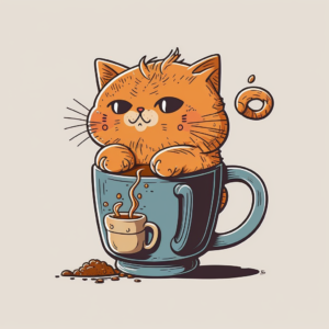 cute cartoon doodle cat drinking coffee from a mug, 3 colors