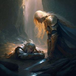 blond hair elf paladin resurecting a fallen warrior, wide angle, ultra sharp, dreamy