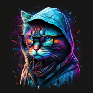 cat with glasses in vibrant colors, realistic, cibersegurity, hacker, curious, hacking, hood, dark