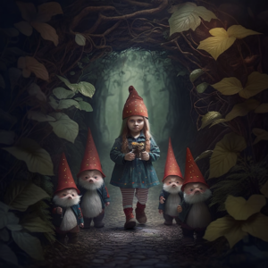 girl in the enchanted forest with gnomes