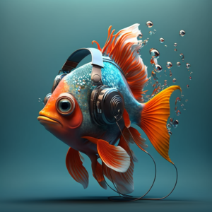 fish with headphones, pixar style, 8K, detailed