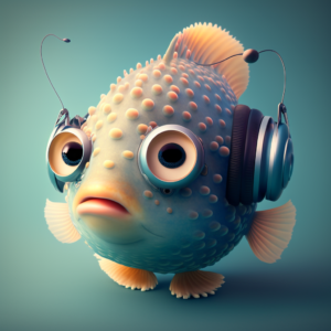 pixar style puffyfish with cute eyes wearing headphones