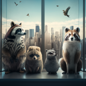 4 animal friends (a beaver, a fox, an owl and a raccoon) sitting in front of big screens in a glass room with a big city in the background.