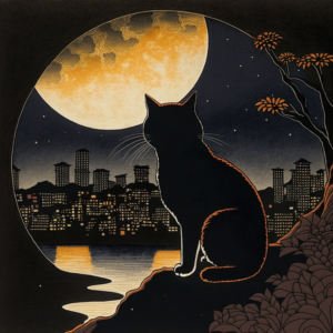 city skyline, nighttime, cat looking at the moon, Japanese woodblock style