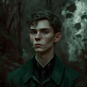 15 year old boy, Slytherin student, very thin, high cheekbones, with a cigarette in his mouth, smokes near a dark forest