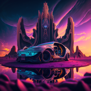 metaverse cinematic with different kinds of nft with a cool car –